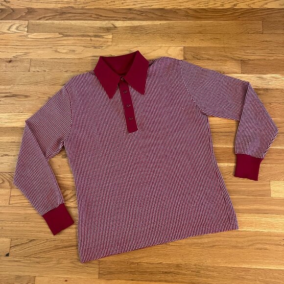 Vintage 70s Wide Collar Maroon-White Grid Disco Long-Sleeved Shirt - Medium / L - Picture 1 of 3